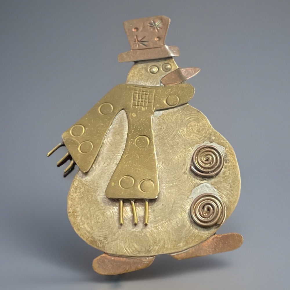 VTG Mixed Metals Handmade Snowman Brooch Holiday Christmas Brass Copper